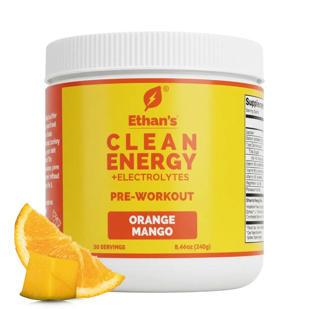 Ethan’s Feel Good Pre-Workout & Hydration Drink Mix, 200mg Plant-Based Caffeine, Electrolytes & Adaptogens, Vegan Organic — Orange-Mango, 30 Servings