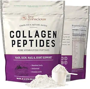 Live Conscious Collagen Peptides Powder Unflavored Packets-Hydrolyzed Collagen Powder-Hair, Skin, Nail, & Joint Support-Type I & III Grass-Fed Collagen Supplements for Women and Men - Pack of 20 (2Pk)