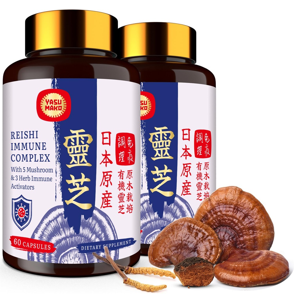 Japanese Reishi Mushroom Complex Supplement 1500mg - Reishi,Chaga,Cordyceps,Lion's Mane,Maitake,Agaricus Mushrooms Extract & 3 Herb,Organic Mushroom Capsules for Immune,Brain (Pack of 2)