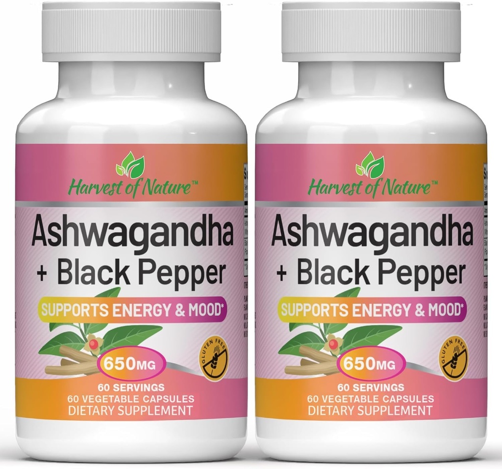 Basic Brands Harvest of Nature Ashwagandha and Black Pepper - Cortisol Reducer, Great for Relaxation, Focus, Mood Support - 60 Capsules - 2-Pack