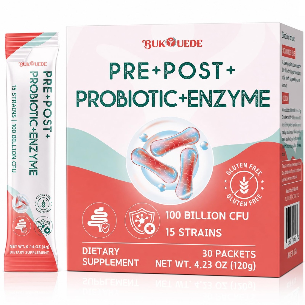 Probiotics for Gut Health, Prebiotics and Probiotics 100 Billion CFU + 15 Strains + 17 Enzymes + Postbiotic, Probiotics for Digestive Health & Bloating Relief, Gut Health for Women & Men, 30 Packets