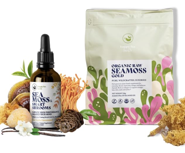 Brain & Body Raw Bundle - Organic Sea Moss for Seamoss Gel (Family Size) & Smart Shrooms Liquid Drops in Vanilla Flavor - Irish Sea Moss & Mushroom Complex, Nootropic Brain Supplements for Memory & Fo