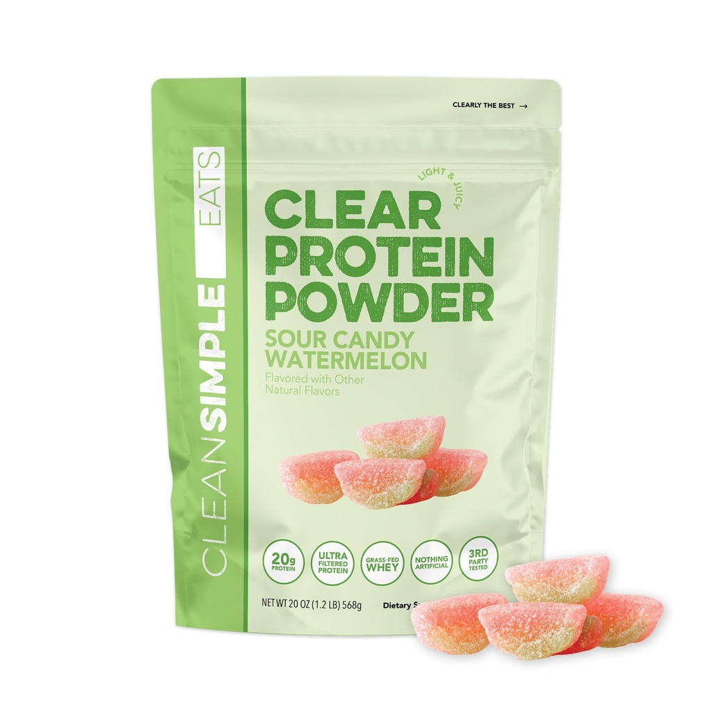 Clean Simple Eats Clear Protein Drinks, 20g Grass Fed Whey Protein Isolate, Ultra Filtered, Light & Refreshing Beverage, Low Lactose, Sour Candy Watermelon, 20 Servings