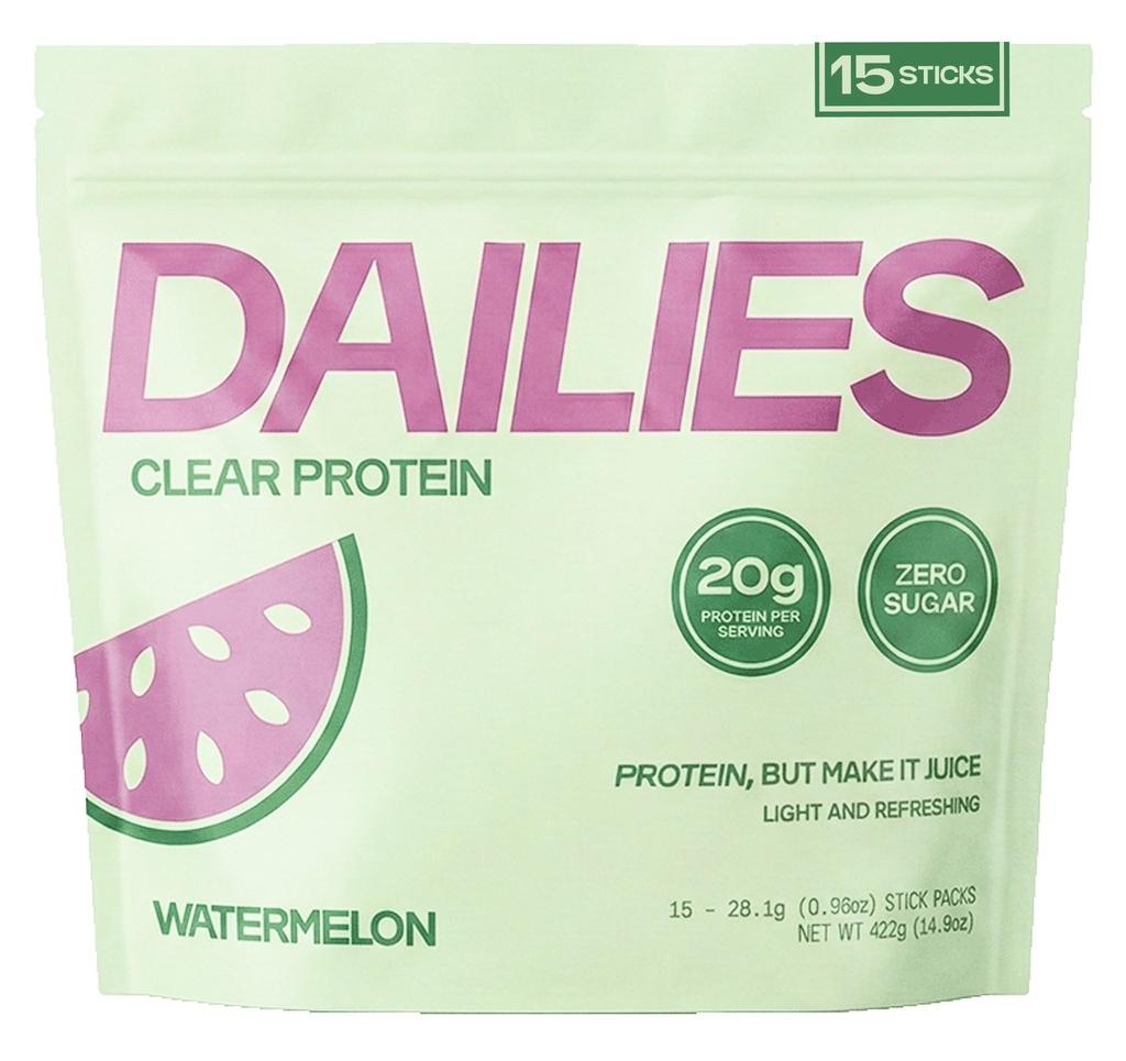 DAILIES Clear Protein Powder, Sugar Free Flavor, 20g Whey Isolate & 100 Calories per Serving, Light & Refreshing Protein Shake Drink Mix for Pre or Post Workout, 15 On the Go Stick Packs (Watermelon)