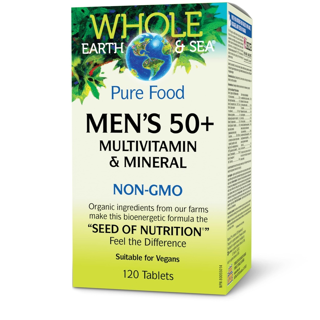 Natural Factors Whole Earth & Sea Men's 50+ Multivitamin & Mineral - Daily Nutritional Support Multivitamin - Supports Brain Health & Immune System Function - Vegan - 120 Tablets (60 Servings)
