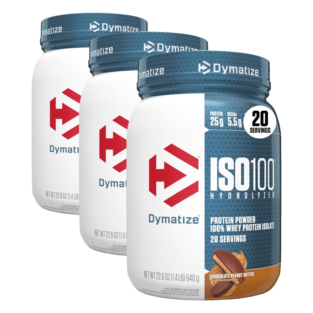 Dymatize ISO100 Whey Protein Powder Isolate, Chocolate Peanut Butter, 25g of Protein, 20 Servings, 5.5g BCAAs, Less Than 120 Cal., Gluten Free, 1g Fat, 1g Sugar, 2g Carb (Pack of 3)