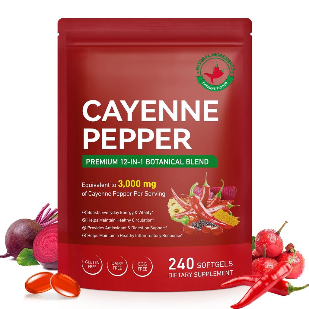 Cayenne Pepper Supplements - Cayenne Pepper Capsules with Vitamin E, D3, K2, Grape Seed, Hawthorn, Beetroot & Berberine Extracts pa