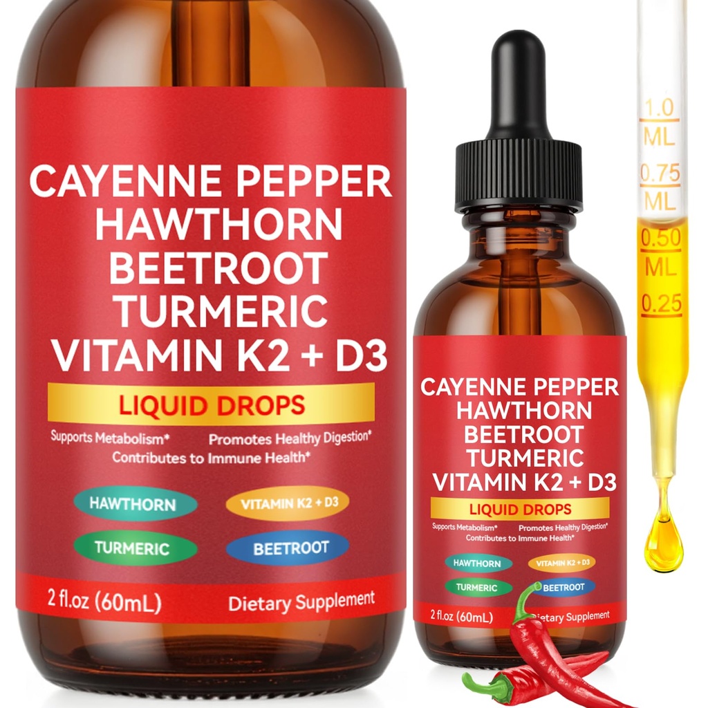 Cayenne Pepper Drops, Rethes Cayenne Pepper Liquid Drops with Hawthorn Berry, Vitamin K2 D3 Beet Root Powder, Turmeric Curcumin, Cayenne Health Supplements, Vegan-Friendly, Easily Absorbed, 60ml