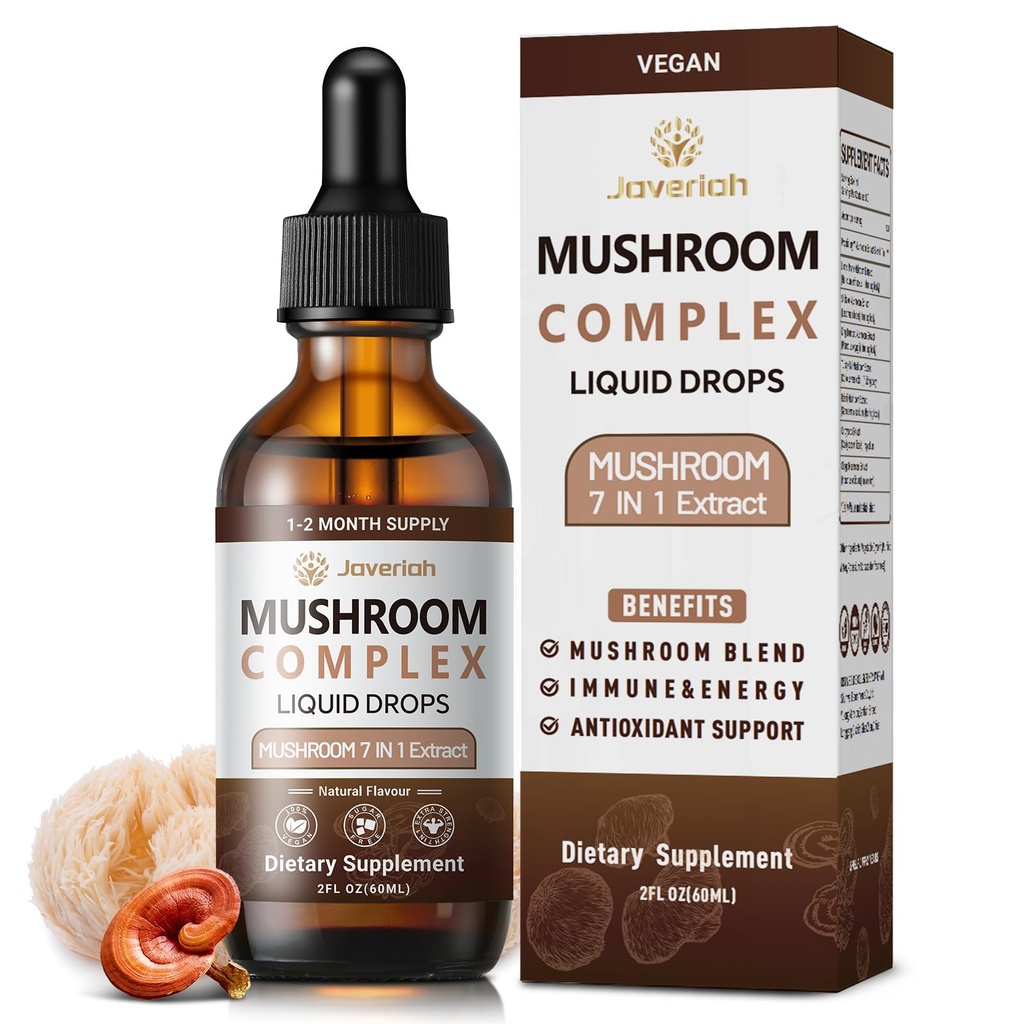Mushroom Complex Liquid Drops Supplement with Lion's Mane, Shiitake, King Trumpet, Turkey Tail, Reishi, Cordyceps & Chaga,7 in 1 Mushrooms Complex Blend Tincture 4 fl oz 2 Pack