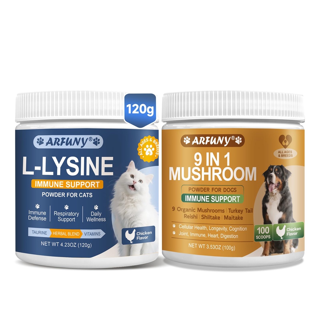 Mushroom for Dogs, 9 Organic Mushroom Supplement with Turkey Tail, Reishi, Lions Mane & Lysine for Cats - Support Immune System, Respiratory, Eye Health