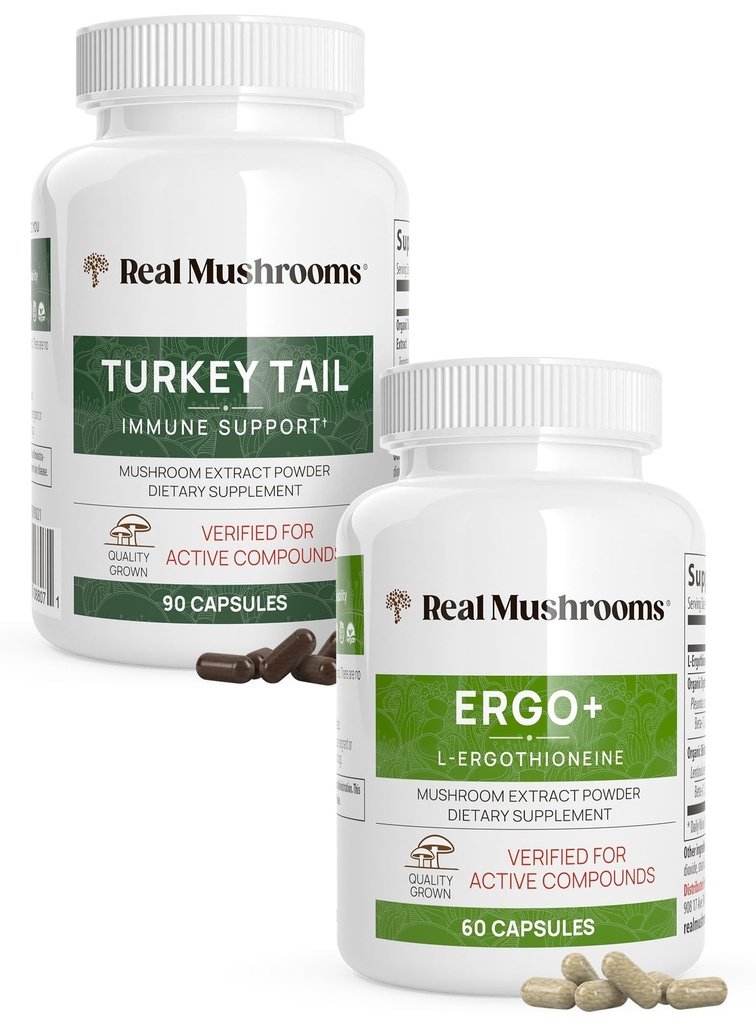 Real Mushrooms Ergothioneine (60ct) and Turkey Tail (90ct) Bundle with Shiitake and Oyster Mushroom Extracts - Longevity and Immunity with Highest Levels of Beta-Glucans - Vegan, Gluten Free, Non-GMO