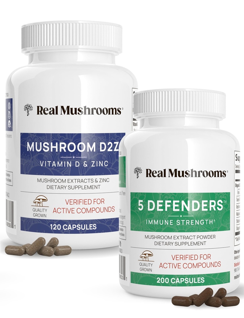 Real Mushrooms Vitamin D2, Zinc (120ct) and 5 Defenders (200ct) Bundle - with Turkey Tail, Shiitake, Reishi, Chaga, Maitake - Natural Immune Strength Supplement - Vegan, Gluten Free, Non-GMO