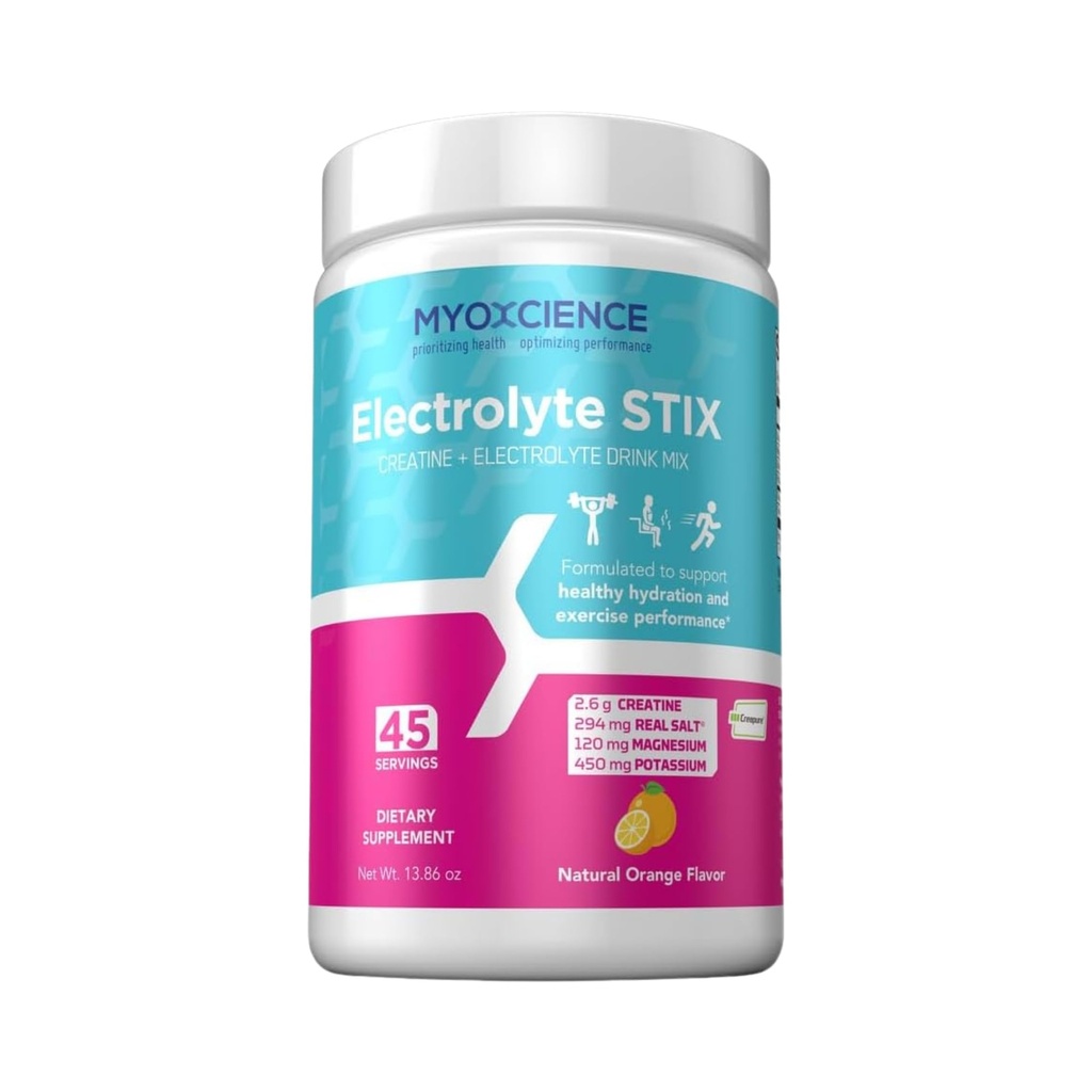 MYOXCIENCE Electrolyte STIX | Creatine Electrolyte Powder | Recovery from Exercise & Muscle Development w/Real Salt (Natural Orange Flavor) (Jar 45 ct)