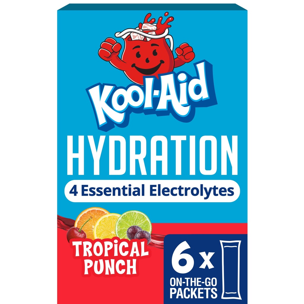 Kool-Aid Hydration Electrolyte Powder Drink Mix, 6 On-the-Go-Packets, for Easy and Flavorful Hydration, Tropical Punch Artificial Flavor, Zero Sugar, No Artificial Dyes, Low Calorie, 1.32 oz Box