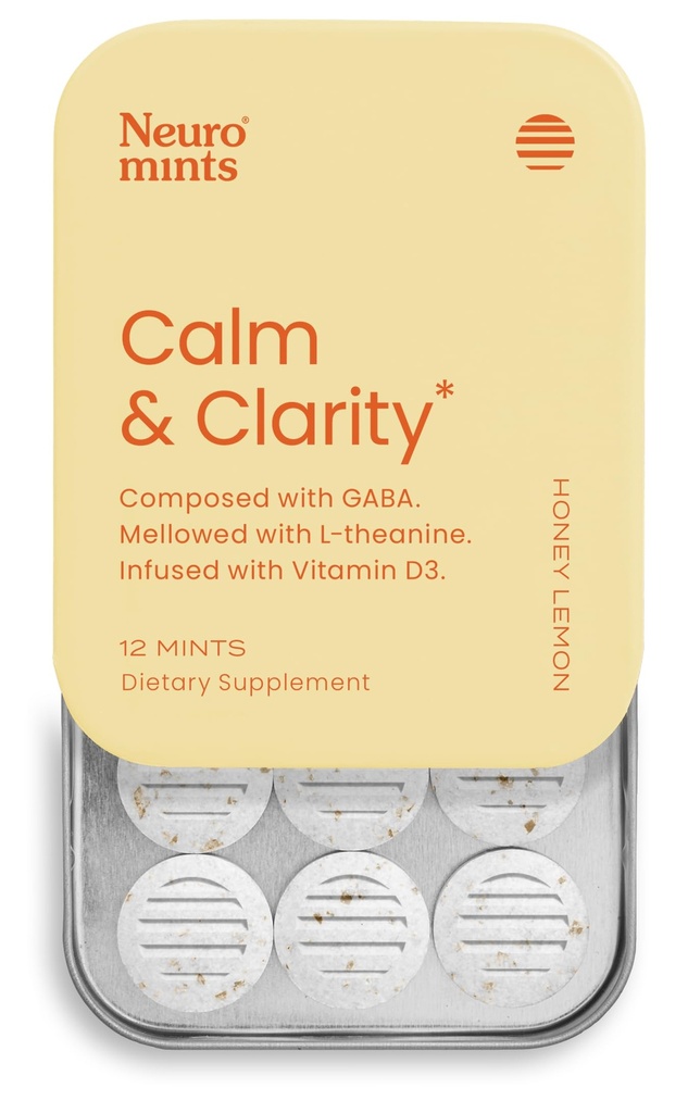 Neuro Calm & Clarity Mints - GABA L-Theanine Stress Supplement with Vitamin D3 - Non-Drowsy, Functional Calming Mints for Mood, Mental Clarity & Cognitive Function - Honey Lemon, 12 ct