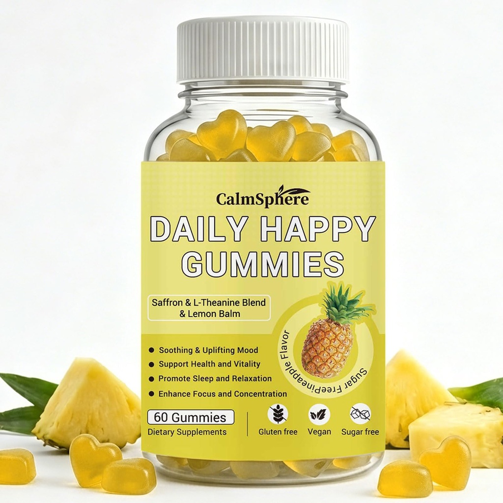 Happy Mood Gummies, Saffron L-Theanine Lemon Balm Supplement, Natural Calm & Relaxation Support, Stress Relief, Sleep & Focus Aid,Sugar Free Vegan Gluten Free Pineapple Flavor - 60 Count