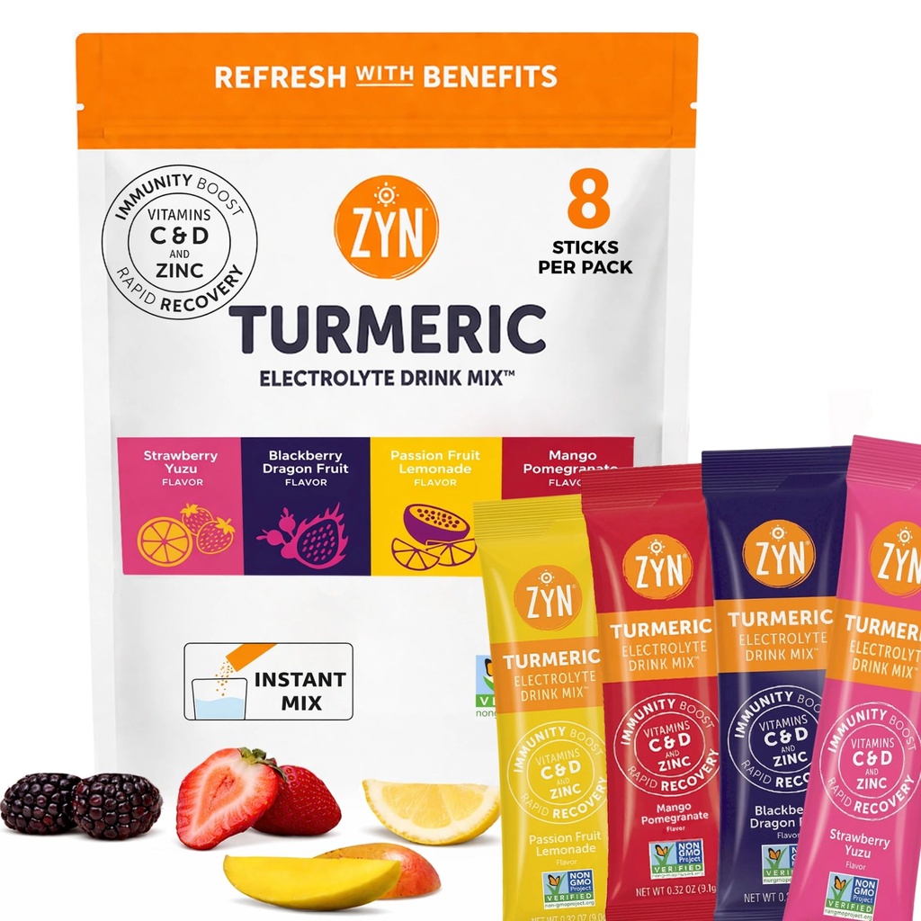 ZYN Electrolyte Drink Mix Hydration Packets, Electrolytes Powder, Hydration Packets w/Turmeric Curcumin, Vitamin C and D, Zinc, Hydrate Electrolyte Powder Packets for Wellness, Variety Pack of 8