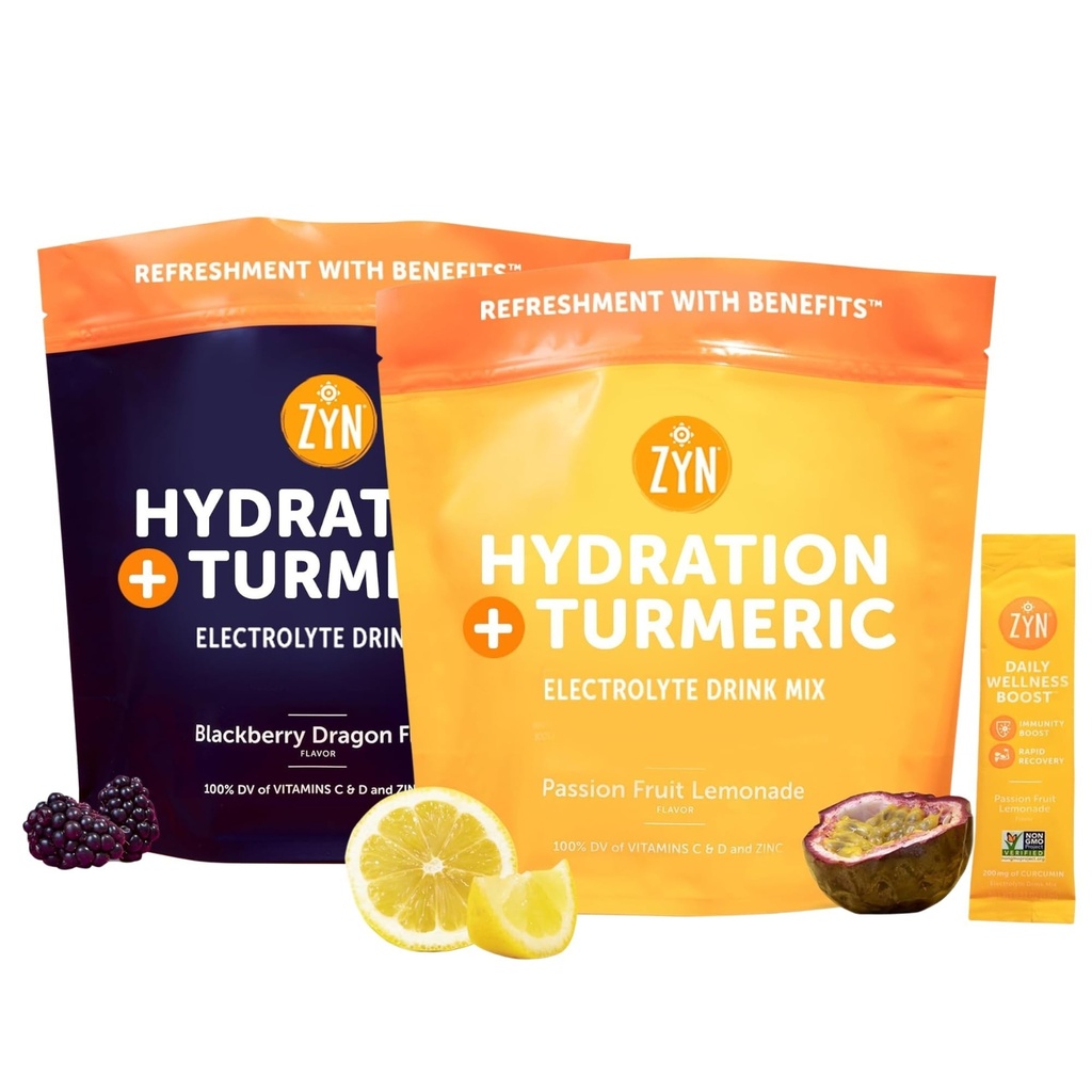 ZYN Electrolyte Drink Mix Hydration Packets, Electrolytes Powder, Hydration Packets w/Turmeric Curcumin, Vitamin C, Vitamin D, Zinc, Hydrate Electrolyte Powder Packets Bulk, Bundle of 2X 32