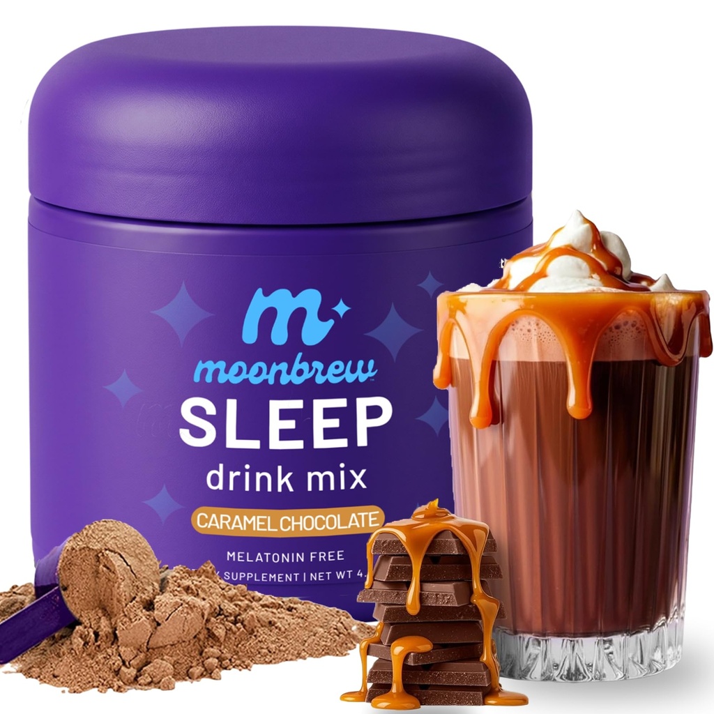 MoonBrew Nighttime Magnesium Caramel Chocolate Mix, Natural Sleep Aid Drink Mix for Adults - Calming Melatonin-Free Sleep Support with L-Theanine, Chamomile & Zinc Glycinate