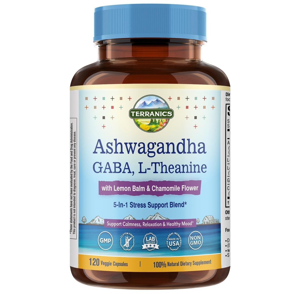 Terranics Ashwagandha L-Theanine Supplement for Stress Relief, Combined with GABA, Lemon Balm, Chamomile Flower Extract, Non-GMO, Stay Calm & Relaxed, Boost Cognitive Function, 120 Vegan Capsules