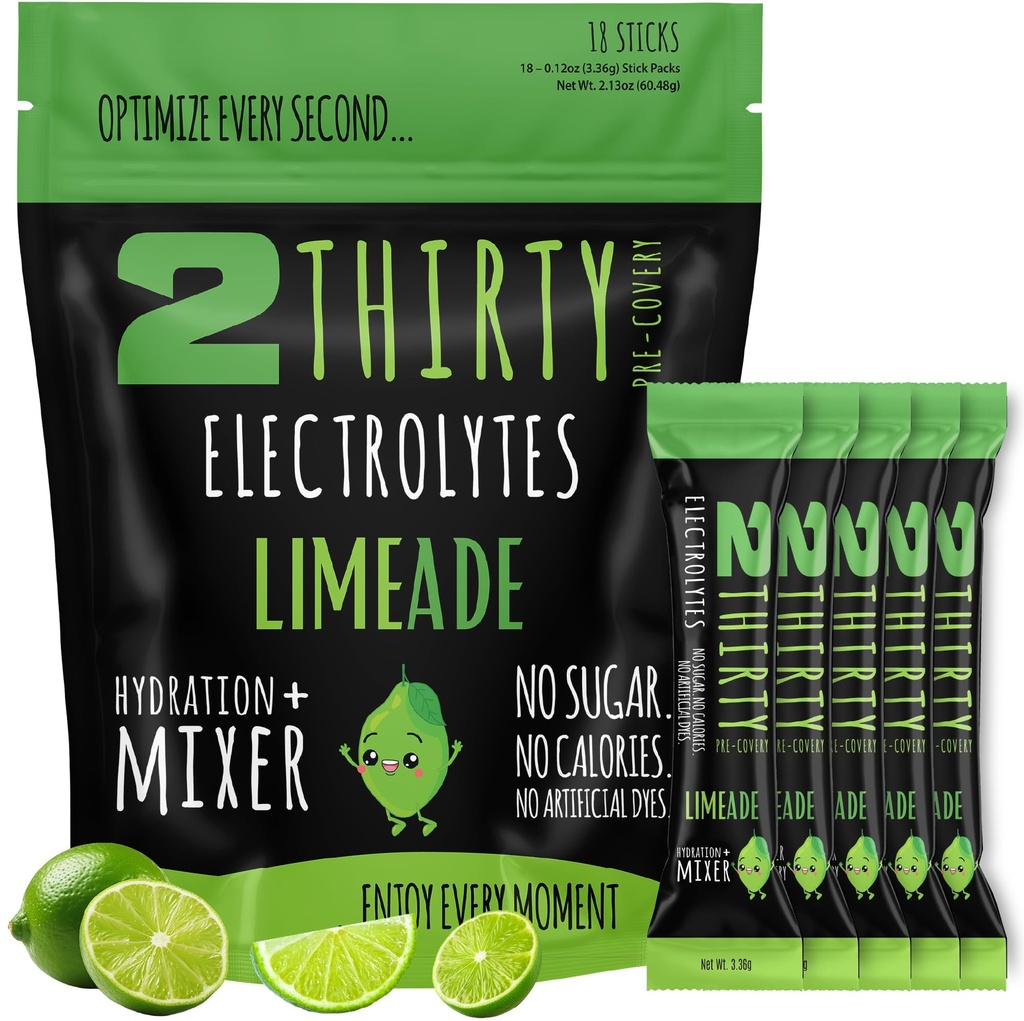 2THIRTY Hydration + Mixer — DHM Alternative Electrolyte Powder Packets | Zero Sugar 5-in-1 Hydration & Recovery Drink Mix | Vitamin B12 Antioxidants | Limeade 18 Sticks