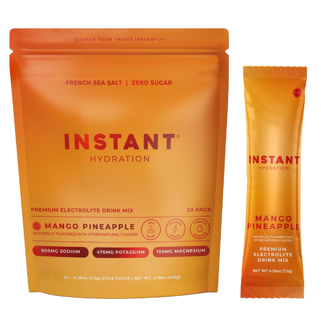 Instant Hydration Sugar Free Electrolytes Powder Packets - Mango Pineapple Electrolyte Drink Mix & Travel Essentials - Post Workout Recovery, Brain Health, Muscle & Tissue Support - 20 Sticks