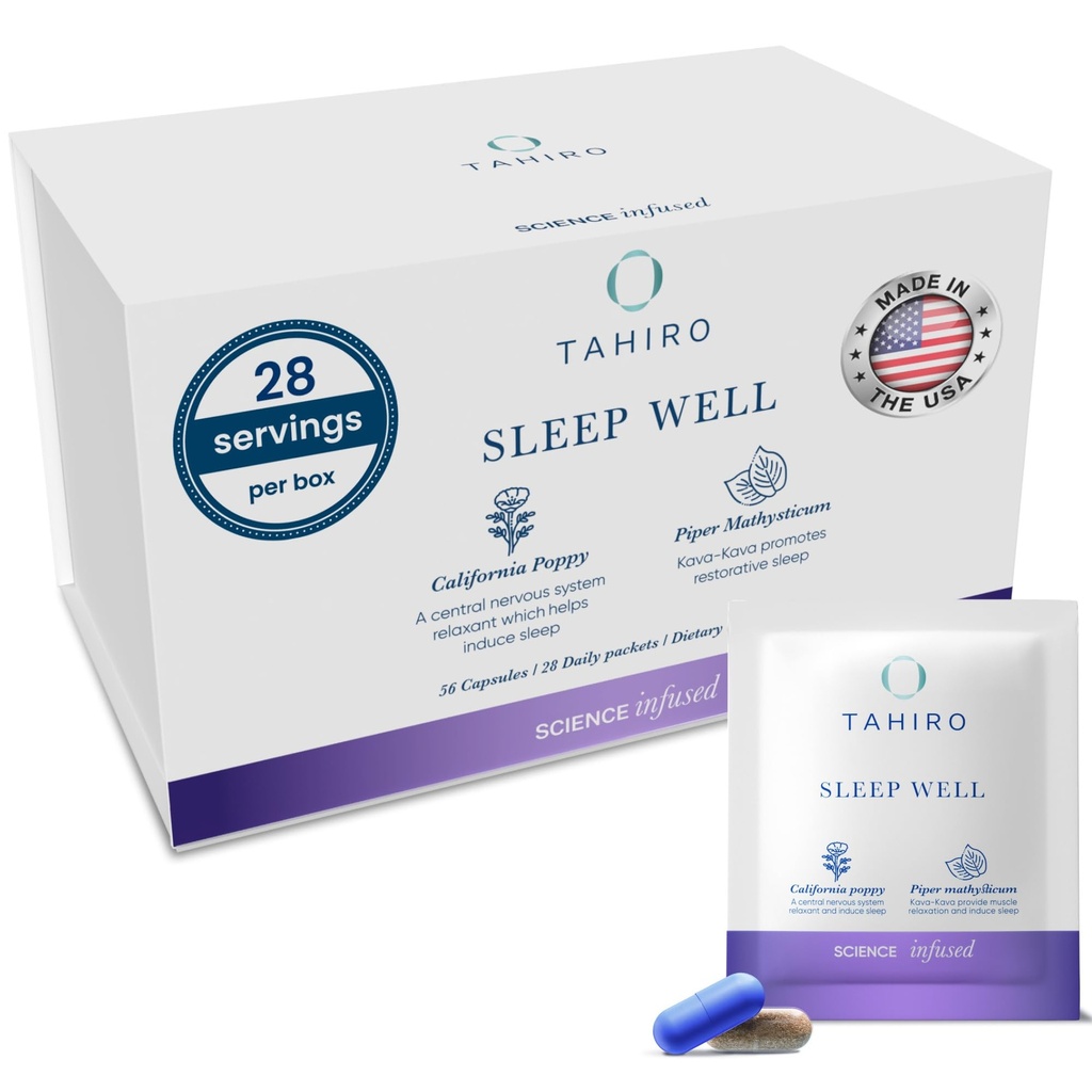 TAHIRO Sleep Well Supplement – Sleep Supplement with Kava, Valerian – Non-GMO Vegan Herbal Capsules Natural Formula – 28-Packets