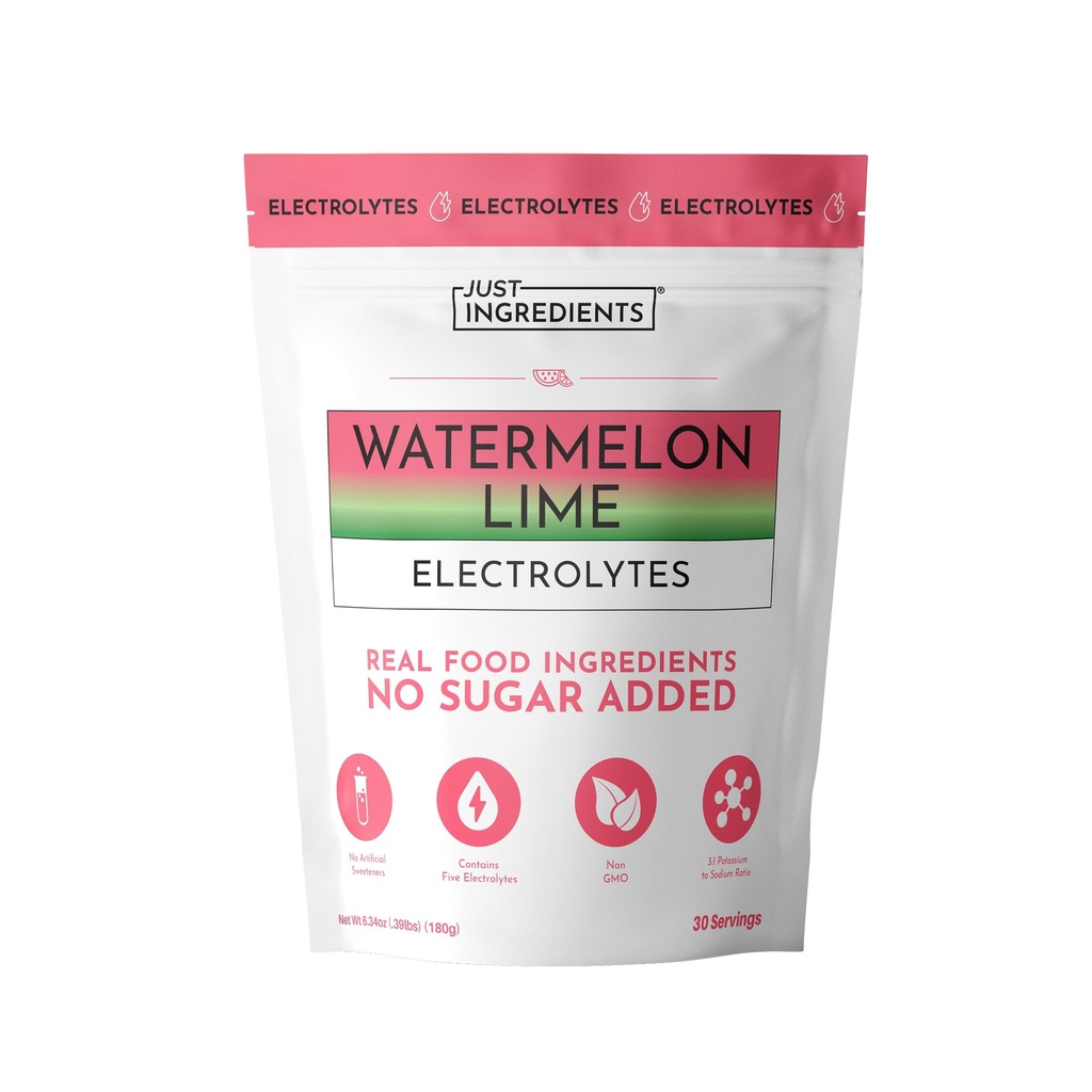 JUST INGREDIENTS Watermelon Lime Electrolyte Powder, 30 Servings, 5 Key Electrolytes with Organic Coconut Water, Supports Everyday Hydration, Flavored with Real Fruit, No Sugar Added, Non-GMO