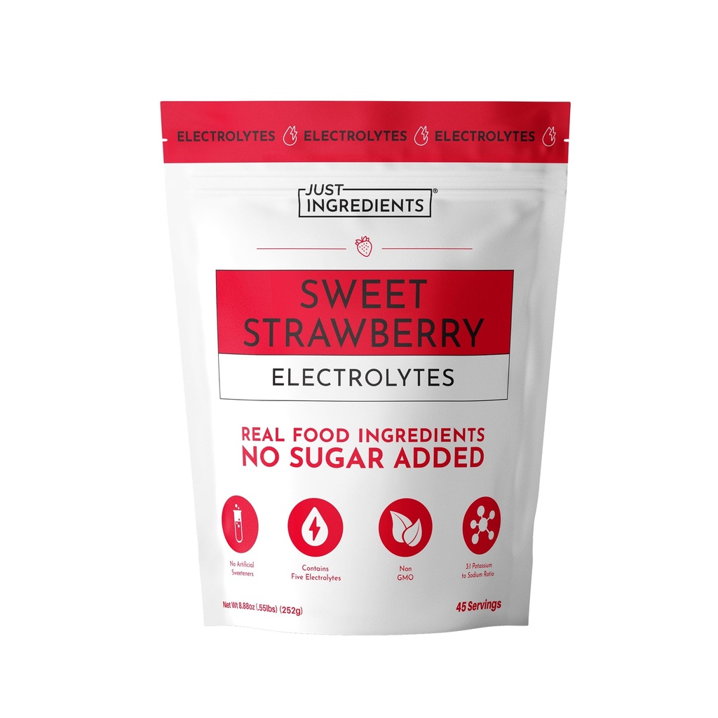 JUST INGREDIENTS Sweet Strawberry Electrolyte Powder, 45 Servings, 5 Key Electrolytes with Organic Coconut Water, Supports Everyday Hydration, Flavored with Real Fruit, No Sugar Added, Non-GMO
