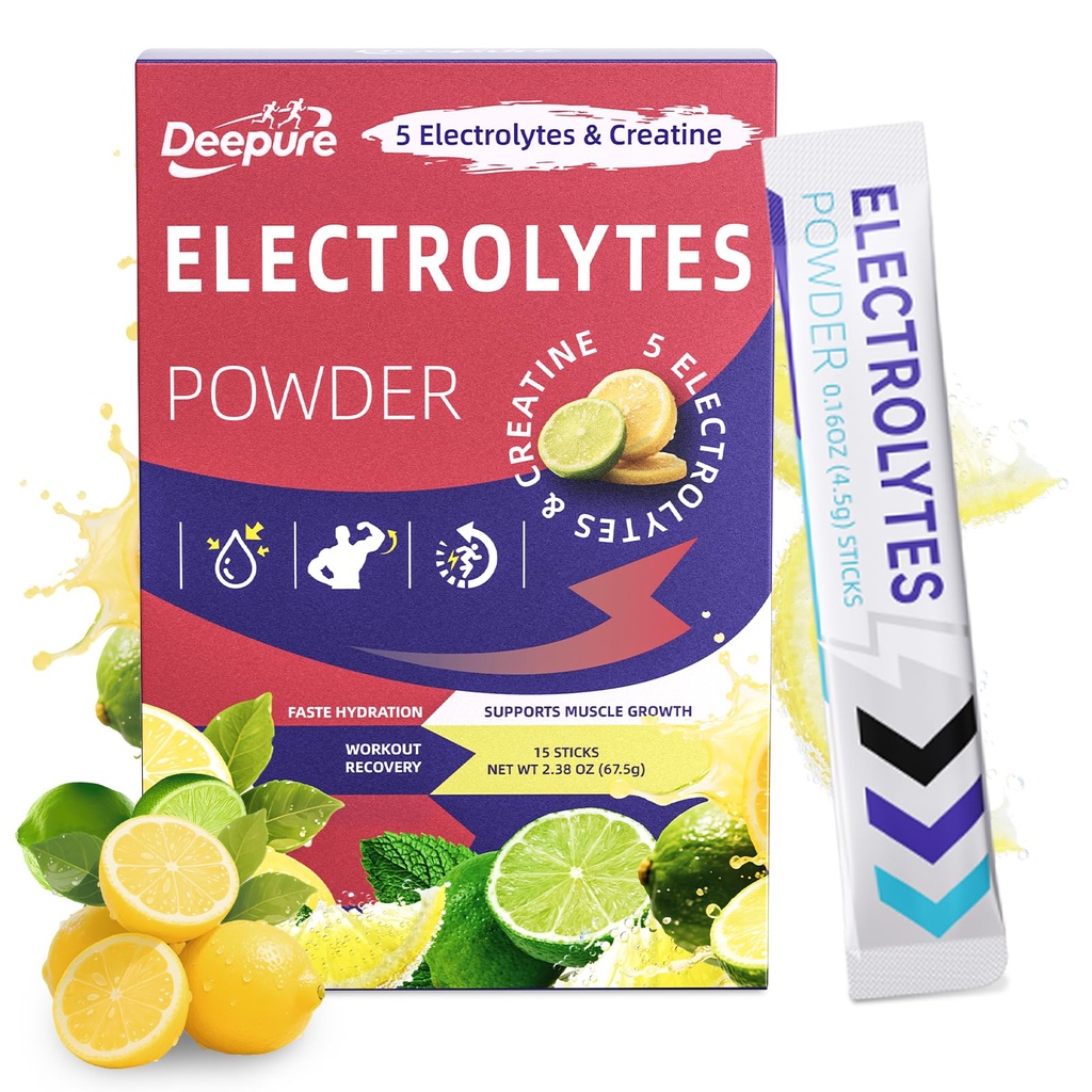 Deepure Electrolytes Powder Packets with Creatine, 5 Electrolytes Hydration Powder, Lemon Lime Electrolyte Packets for Travel, Workout & Daily Drink Mix, 15 Sticks