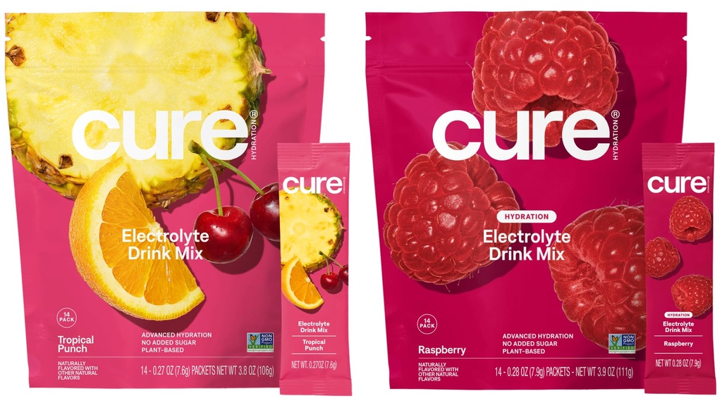 Cure Hydration Bundle | Plant-Based Electrolyte Drink Mix | No Added Sugar | FSA-HSA | Dehydration Relief Powder Made with Coconut Water | Vegan | 28 Packets - Tropical Punch & Raspberry
