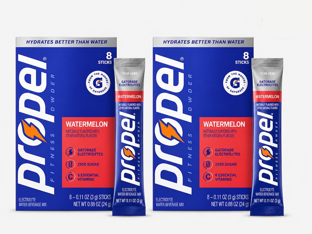 Propel Watermelon Electrolyte Powder Drink Mix, Zero Sugar Hydration Packets, 2 Pack (8 Count Each), with Vitamins, No Artificial Flavors (Watermelon)