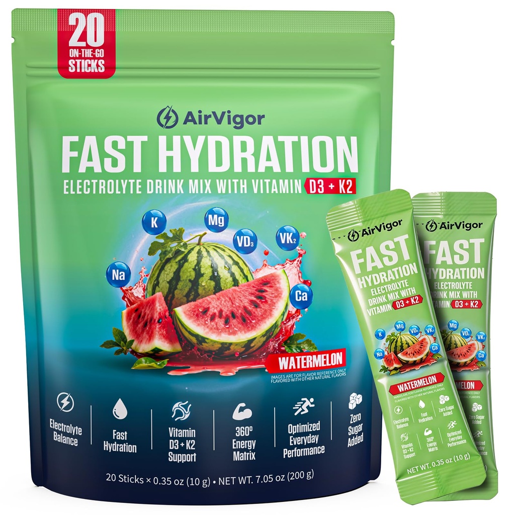 Electrolyte Powder Packets with Vitamin D3 & K2, Zero Sugar Added Hydration Drink Mix for Muscle Recovery & Bone Health, Keto & Vegan, Watermelon, 20 Sticks