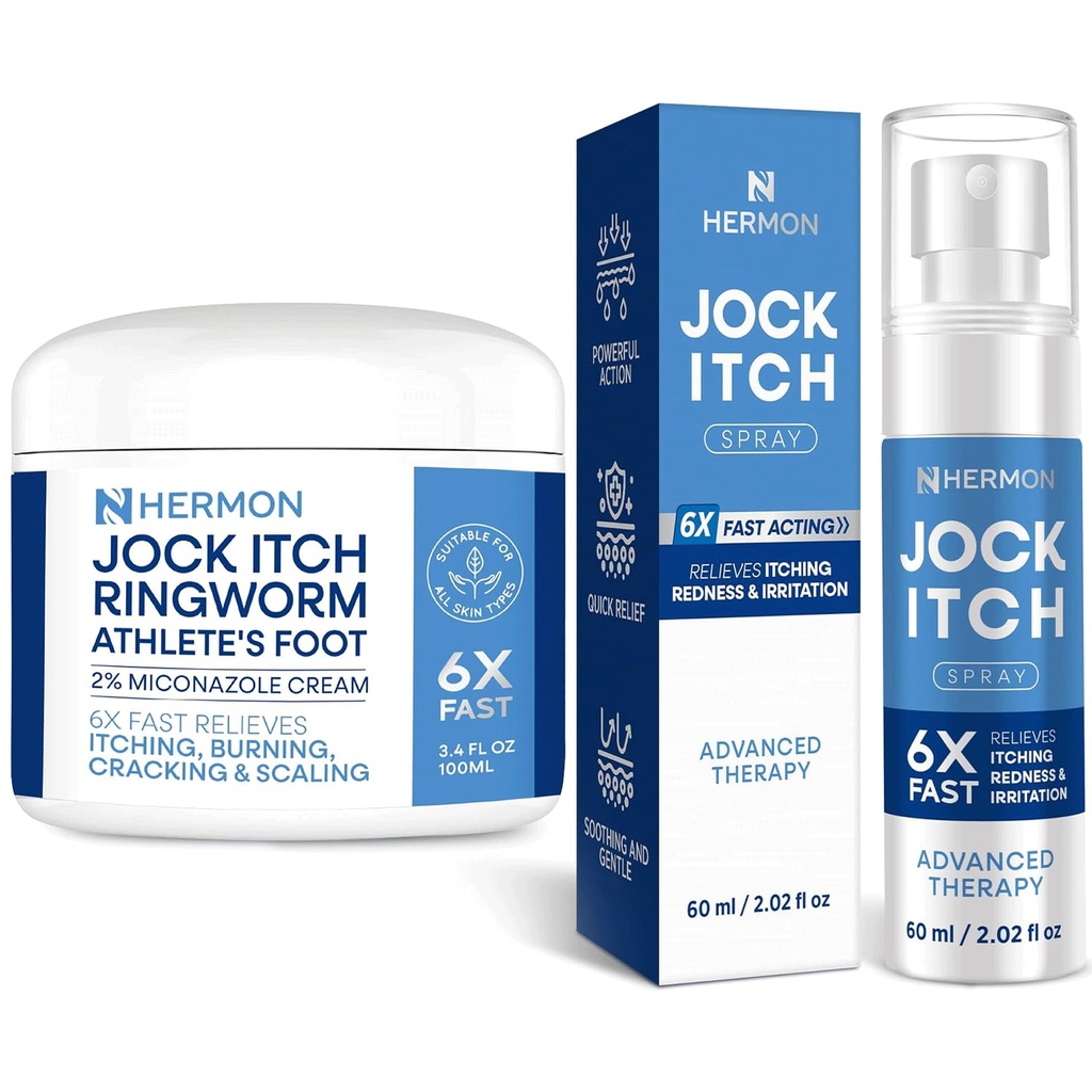 Hermon Jock Itch Antifungal Cream & Spray Set: Ringworm Treatment for Humans, Psoriasis Treatment, Psoriasis Scalp Treatment, Ringworm Cream for Humans, Foot & Body Balm, Provides Soothing Relief