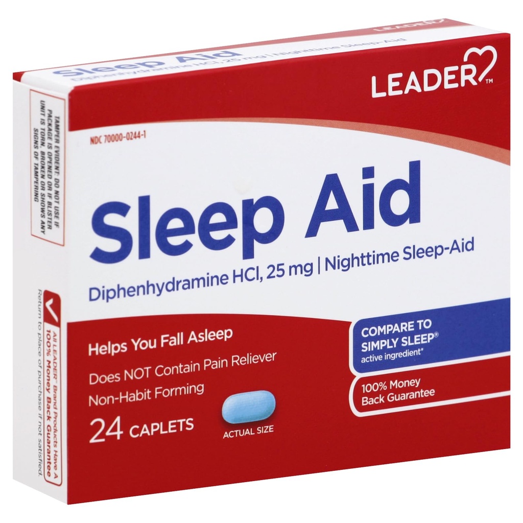 Leader Nighttime Sleep-Aid, Diphenhydramine 25mg, Non-Habit Forming, Supports Deeper, Restful Sleep, 24 Caplets (Compares to Simply Sleep)