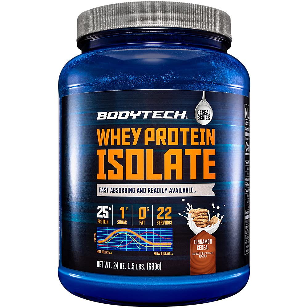 BodyTech Whey Protein Isolate Powder - 25g Protein per Serving with BCAAs - Fast-Absorbing for Muscle Growth & Recovery - Cinnamon Cereal (1.5 lb, 21 Servings)