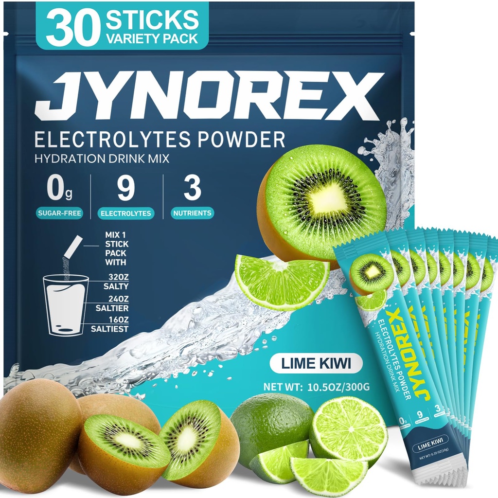 Electrolytes Powder Packets Sugar Free, Electrolyte Drink Mix with Lemon Lime Watermelon Peach Berry Kiwi Tropical Punch Lychee Cranberry, 10.5OZ (30 Servings (Pack of 1), Lime Kiwi)
