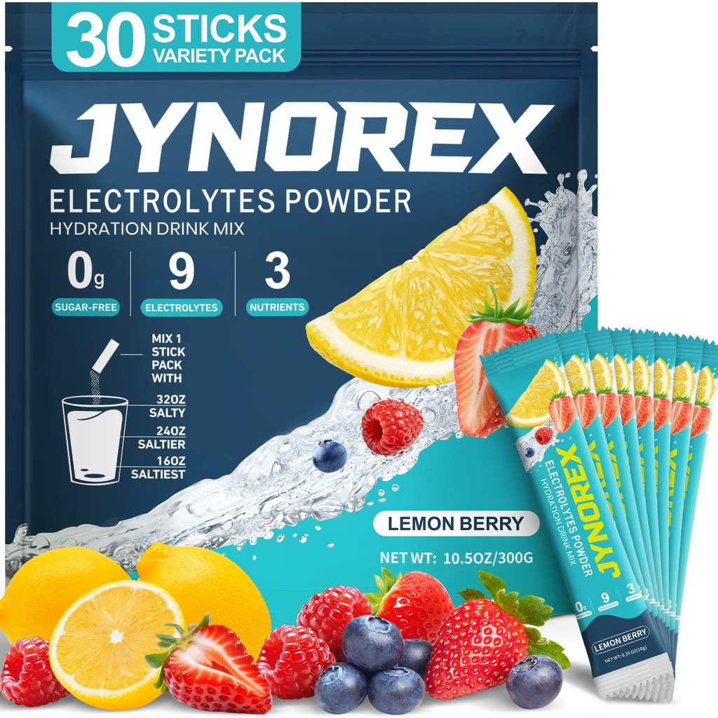 Electrolytes Powder Packets Sugar Free, Electrolyte Drink Mix with Lemon Lime Watermelon Peach Berry Kiwi Tropical Punch Lychee Cranberry, 10.5OZ (30 Servings (Pack of 1), Lemon Berry)