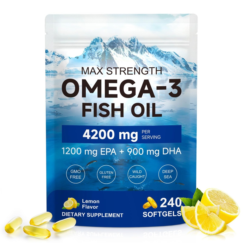 Omega 3 Fish Oil Supplements,4200mg Per Serving| EPA 1200mg + DHA 900mg | Lemon Flavored | 240 Softgels |Non-GMO, Gluten-Free, No Aftertaste