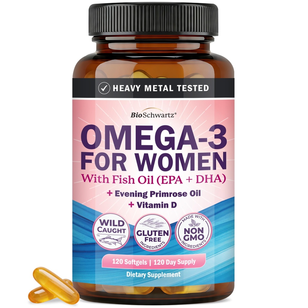 BioSchwartz Fish Oil Omega 3 Supplement for Women (120 Softgels, 4-Month Supply) 600mg Wild-Caught Omega 3 EPA + DHA, Evening Primrose Oil, Vitamin D & E for Hormone Balance, Heart Health - Non-GMO