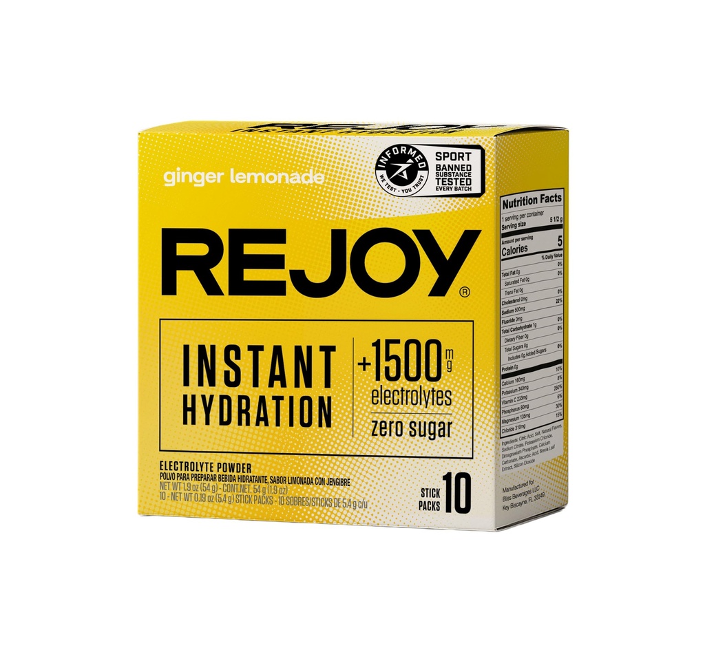 Rejoy – Electrolyte Powder Packets, 10 Sticks – Hydration Drink Mix Supplement – Sugar Free, Keto and Paleo Friendly, Vegan, Non-GMO, Easy Open Single-Serving Stick (Ginger Lemonade)