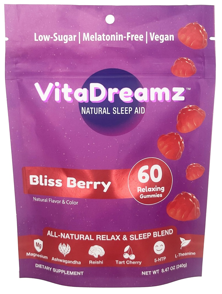 Melatonin-Free Sleep Gummies | Magnesium, Ashwagandha, Tart Cherry & L-Theanine | Natural Calm & Restful Sleep Support | Vegan, 1g of Sugar | 60 Count - Bliss Berry