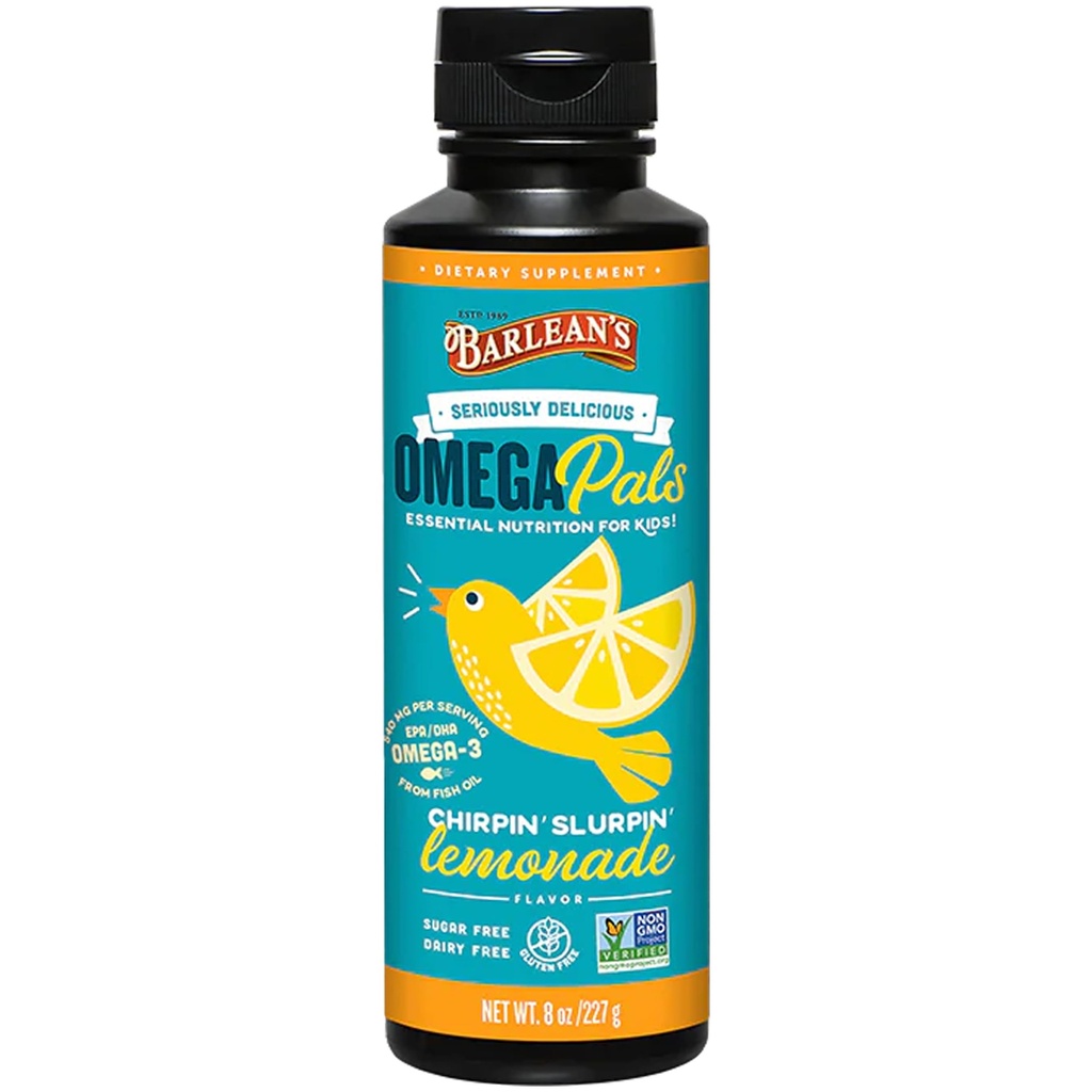 Barlean's Omega Pals Chirpin' Slurpin' Lemonade Flavored Omega-3 for Kids, Yummy Children's Liquid Fish Oil Supplement with 540 mg of EPA and DHA Fatty Acid for Brain & Eye Health, 8 oz