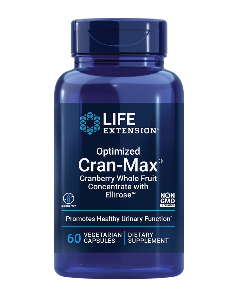 Life Extension Optimized Cran-Max®, Cranberry Whole Fruit Concentrate with Hibiscus Extract, Best in Class Support for Female Urinary Tract Health, Gluten-Free, Vegetarian, Non-GMO, 60 Capsules
