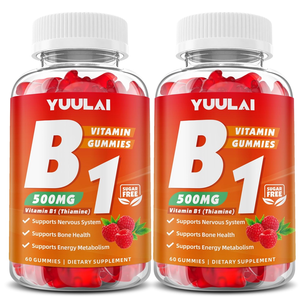 Pack of 2 Vitamin B1 Gummies 500mg for Adults & Kids, Thiamine B1 Supplement with Magnesium, Vitamin B1 Supplement for Nervous System Supports & Boost Energy, Raspberry Flavor, 120 Count