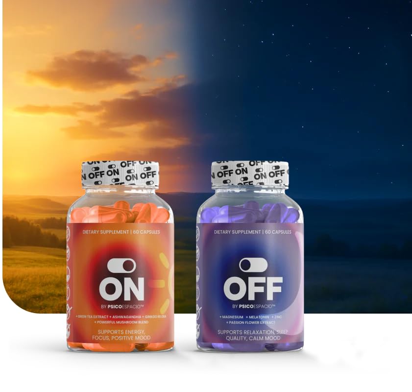 PSICÓESPACIO ON & Off Day & Night Supplement Bundle – Natural Energy with Ashwagandha + Sleep Aid with Melatonin & L-Theanine for Adults, Focus, Relaxation & Mood Support, 60 Count Each