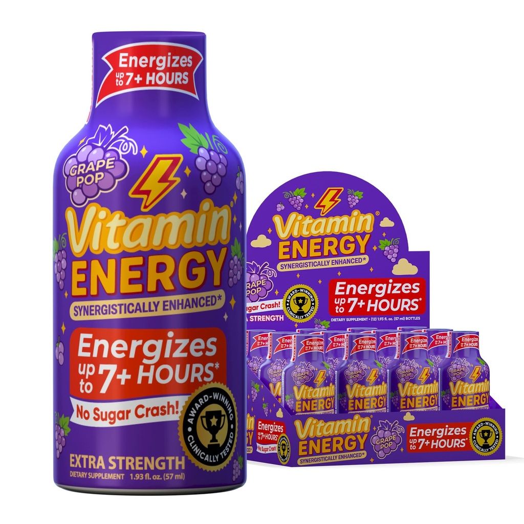 Vitamin Energy Immune+ Extra Strength Energy Shot Grape 8 Pack, 260mg Natural Caffeine, B-Vitamins, Citicoline, Green Tea, Immunity & Focus Support, Zero Sugar, Gluten-Free 1.93 fl oz