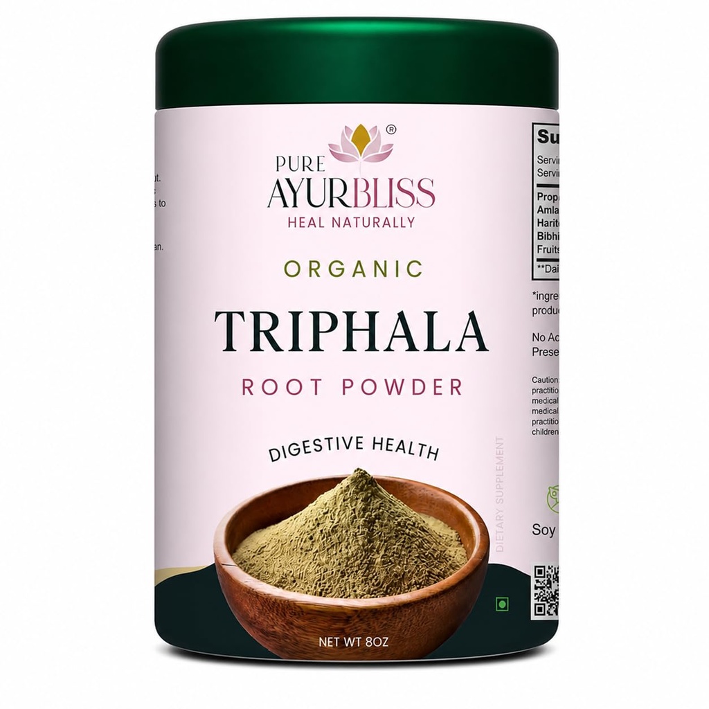 100% Organic Triphala Powder, Ayurvedic Blend with Amla and Haritaki Powder, and Bibhitaki for Gut Health, Digestive Health, Body Detox and Internal Cleansing - 8oz Tin Box