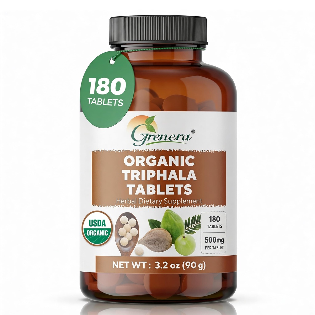 Grenera Organic Triphala Tablets | Uncoated 500mg Herbal Supplement | Amla, Haritaki & Bibhitaki Blend | Plant Based Vegan & Kosher Certified | Lab Tested Quality | Daily Wellness Support | 180 Count