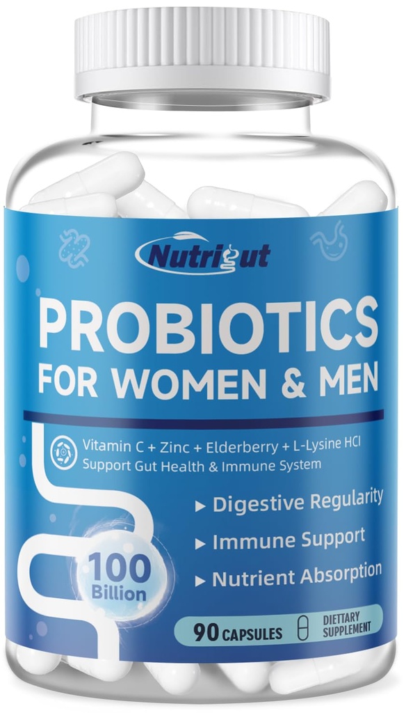 Probiotics for Women-Men Digestive Health with 100 Billion CFUs, Womens-Mens Probiotics for Gut Health and Immune Support with Prebiotics, multivitamin, 90 Veggie Caps (45 Days Supply)